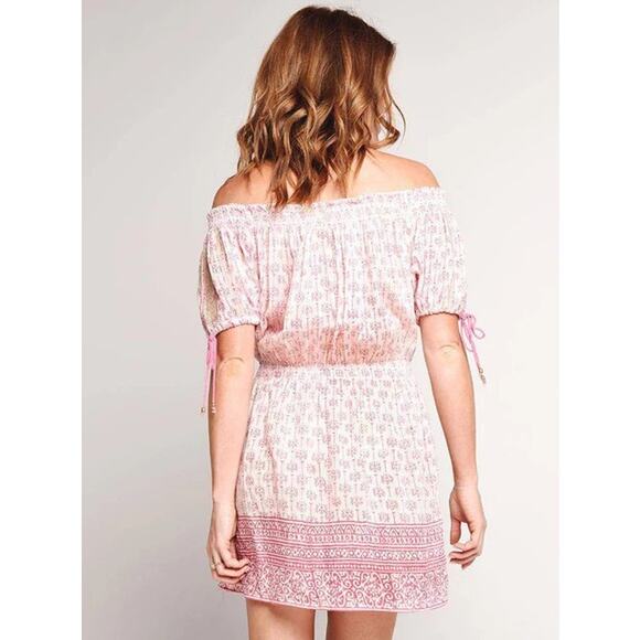 Alicia Bell Pink Ivory Short Puff Sleeve Smocked Cotton Mini Dress Womens Small - Picture 2 of 8